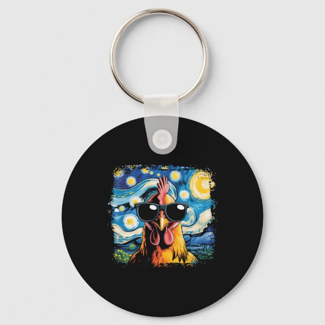 Bleached Funny Chicken Starry Night Van Gogh Chick Key Ring (Front)