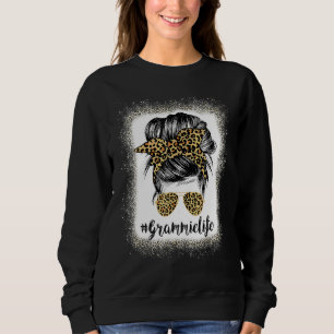 Bleached Grammie Life Leopard Messy Bun Women Moth Sweatshirt
