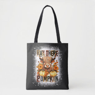 Bleached Hay There Pumkin Highland Cow Fall Autumn Tote Bag