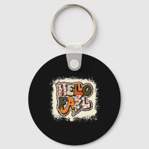 Bleached Hello Fall Autumn Vibes Retro Groovy Key Ring