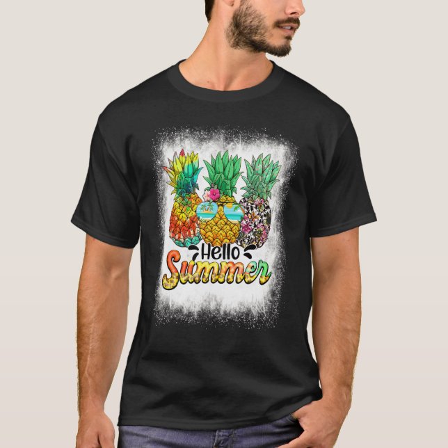 Bleached Hello Summer Pineapple Glasses Beach Vibe T-Shirt (Front)