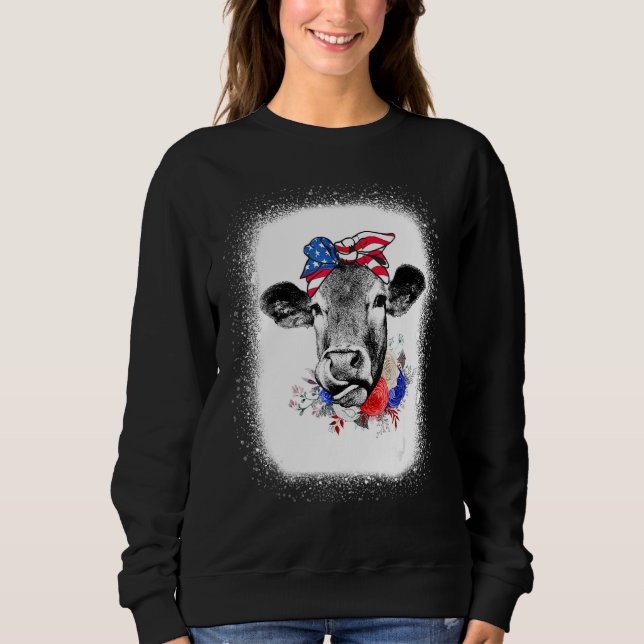 Bleached Highland Cow American Flag Patriotic 4th  Sweatshirt (Front)