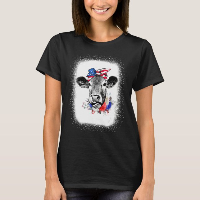 Bleached Highland Cow American Flag Patriotic 4th  T-Shirt (Front)