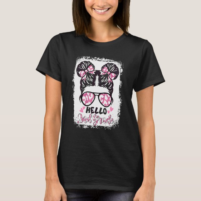 Bleached Leopard Hello 2nd Second Grade Messy Bun  T-Shirt (Front)