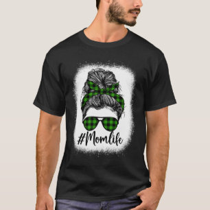 Bleached Messy Bun Mom Life Plaid Green Print Moth T-Shirt