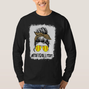 Bleached Mum Life Leopard Messy Bun Softball Game  T-Shirt