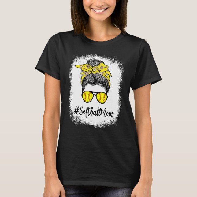 Bleached Mum Life Softball Mum Leopard Messy Bun H T-Shirt (Front)