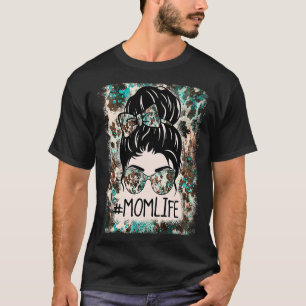 Bleached Mum Life Western Cowhide Messy Bun Mother T-Shirt