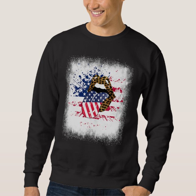 Bleached Patriotic Lips Leopard American Flag 4th  Sweatshirt (Front)