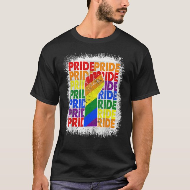 Bleached Resist Fist Rainbow Flag Gay Pride T-Shirt (Front)