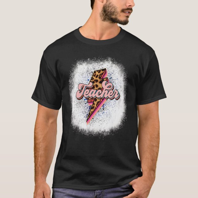 Bleached Retro Teacher Lightning Bolt Leopard Teac T-Shirt (Front)