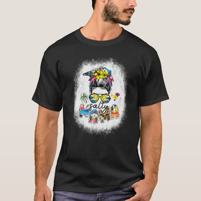 Bleached Salty Mama Messy Bun Beach Vibes Summer V T-Shirt (Front)