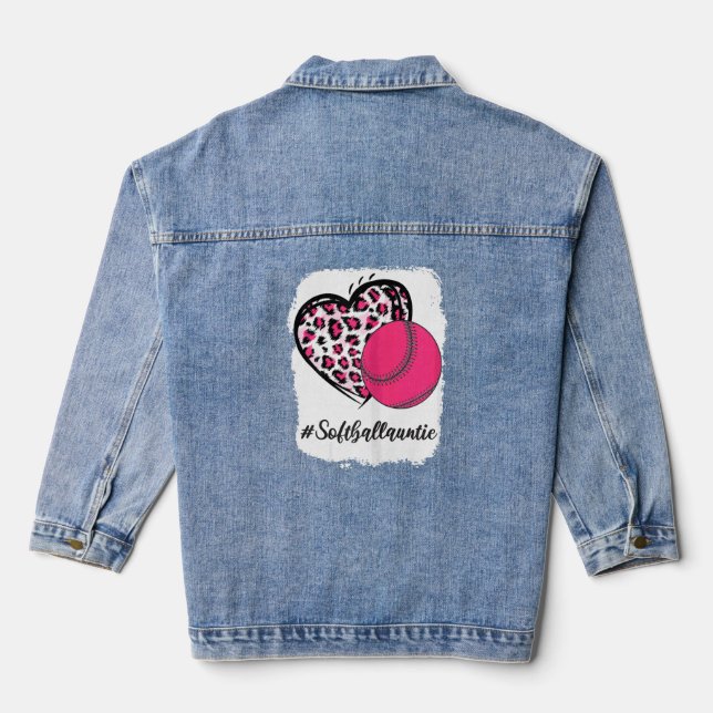 Bleached Softball Auntie Pink Leopard Heart Messy  Denim Jacket (Back)