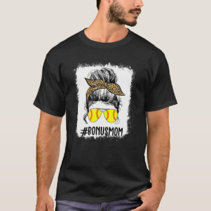 Bleached Softball Bonus Mum Life Leopard Messy Bun T-Shirt