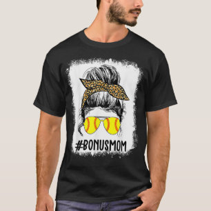 Bleached Softball Bonus Mum Life Leopard Messy Bun T-Shirt