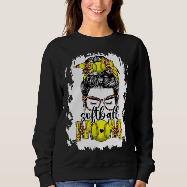 Bleached Softball Mom Game Day Messy Bun Leopard P Sweatshirt (Front)