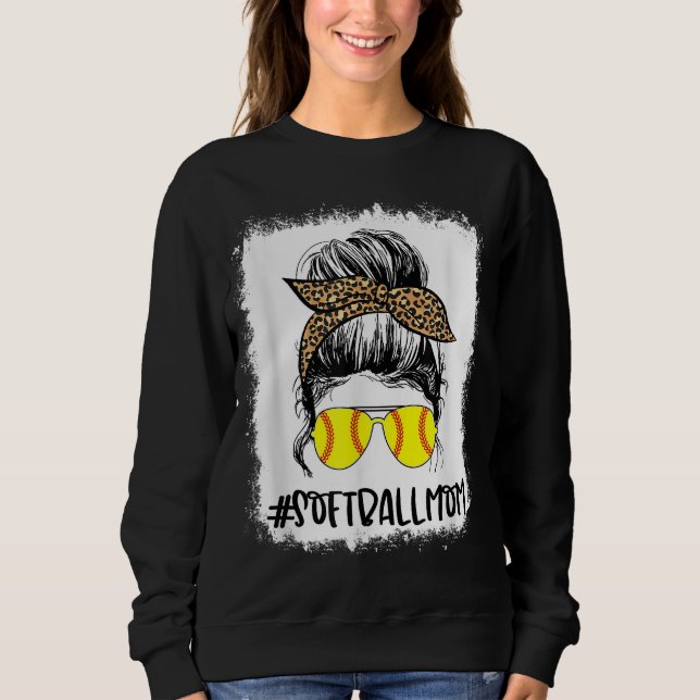 Bleached Softball Mum Life Leopard Messy Bun Game  Sweatshirt (Front)