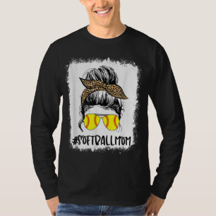 Bleached Softball Mum Life Leopard Messy Bun Game  T-Shirt