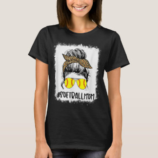 Bleached Softball Mum Life Leopard Messy Bun Game T-Shirt