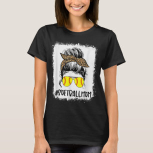 Bleached Softball Mum Life Leopard Messy Bun Game  T-Shirt