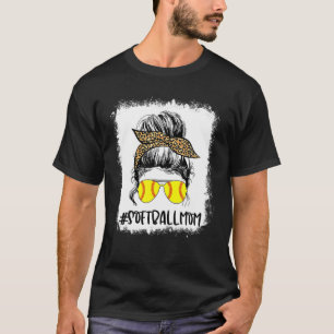 Bleached Softball Mum Life Leopard Messy Bun Game T-Shirt