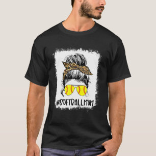 Bleached Softball Mum Life Leopard Messy Bun Game T-Shirt