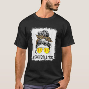 Bleached Softball Mum Life Leopard Messy Bun Game T-Shirt