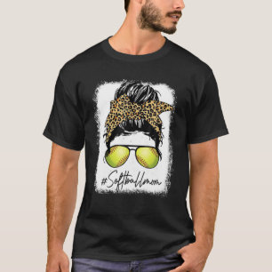 Bleached Softball Mum Life Leopard Messy Bun Game T-Shirt