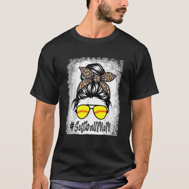 Bleached Softball Mum Life With Leopard And Messy  T-Shirt (Front)