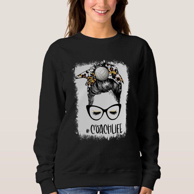 Bleached Volleyball Coach Life Leopard Messy Bun V Sweatshirt (Front)