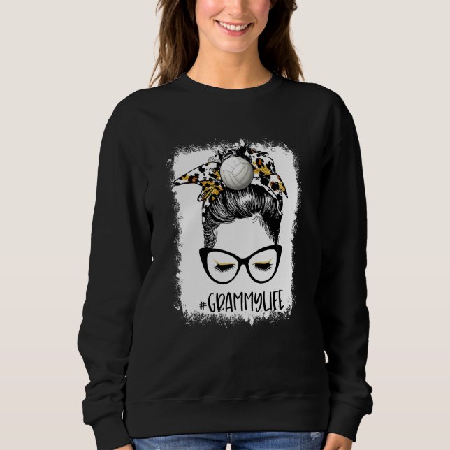 Bleached Volleyball Grammy Life Leopard Messy Bun  Sweatshirt (Front)
