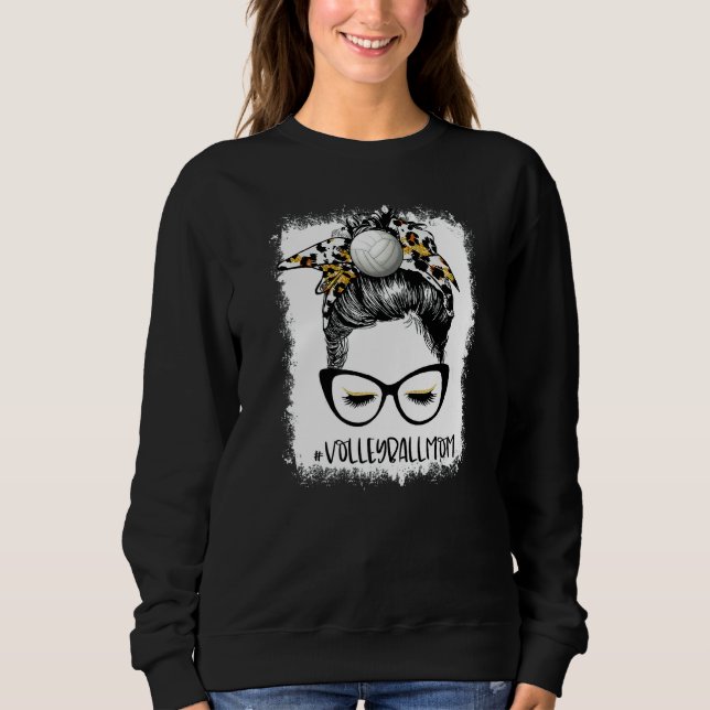 Bleached Volleyball Mum Life Leopard Messy Bun Gam Sweatshirt (Front)