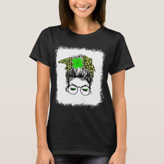 Bleached Women Messy Bun Lucky Shamrock Bandanna P T-Shirt