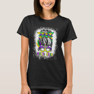 Bleached Womens Messy Bun Mardi Gras Feathered Mas T-Shirt