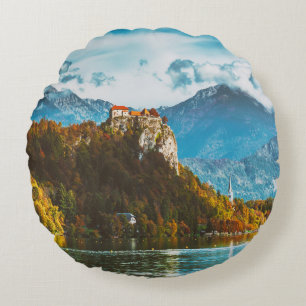 Bled Castle: Slovenian Cliff Overlook. Round Cushion