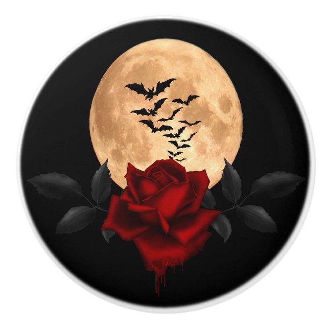 Bleeding Red Rose Fullmoon And Bats Ceramic Knob (Front)