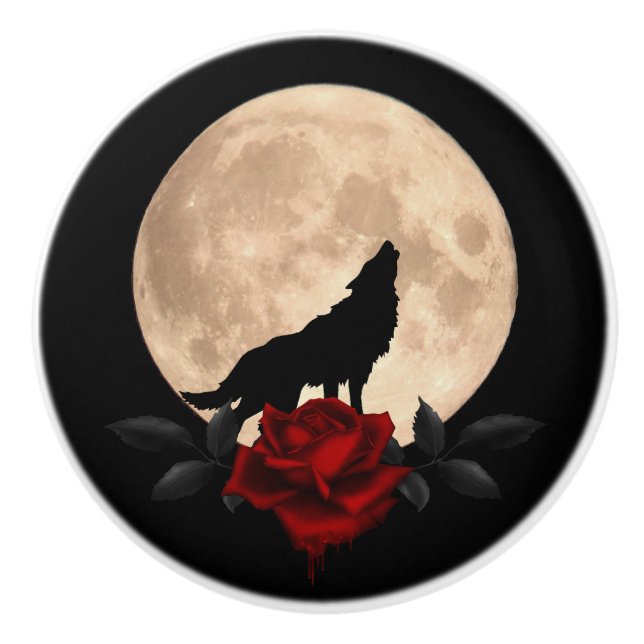 Bleeding Red Rose Fullmoon And Wolf Ceramic Knob (Front)