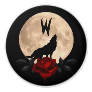 Bleeding Red Rose Fullmoon Wolf Monogram Ceramic Knob