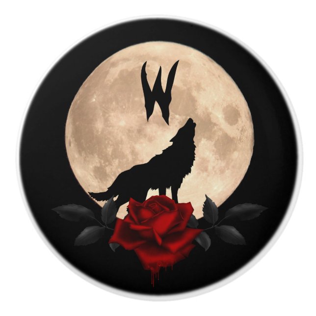Bleeding Red Rose Fullmoon Wolf Monogram Ceramic Knob (Front)