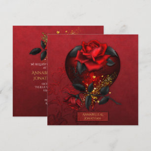 Bleeding Red Roses Black Leaves Gold Wedding   Invitation