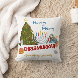 Blended Holiday Chrismukkah Tree, Menorah, Dreidel Cushion