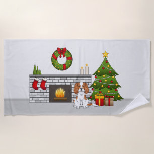 Blenheim Cavalier Dog In A Festive Christmas Room Beach Towel