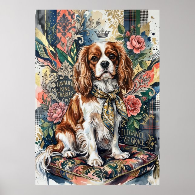 Blenheim Cavalier Floral Collage Portrait Poster (Front)