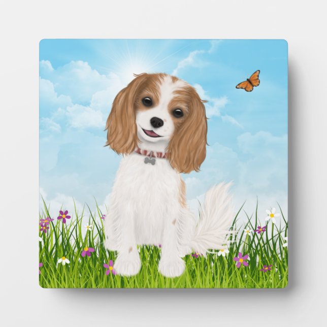 Blenheim Cavalier King Charles Spaniel in Flowers Plaque (Front)