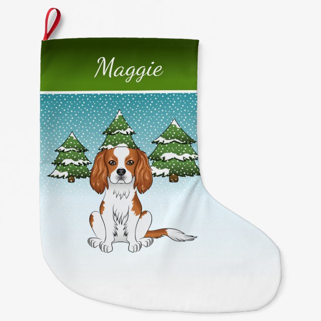 Blenheim Cavalier King Charles Spaniel In Winter Large Christmas Stocking (Front)
