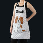 Blenheim Cavalier King Charles Spaniel & Name Apron<br><div class="desc">Destei's original cartoon illustration of a cute blenheim colour Cavalier King Charles Spaniel breed dog who is sitting. The background has a pattern of grey paw prints. There is also a black dog bone silhouette together with a personalizable text area for a name.</div>