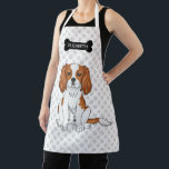 Blenheim Cavalier King Charles Spaniel & Name Apron<br><div class="desc">Destei's original cartoon illustration of a cute blenheim colour Cavalier King Charles Spaniel breed dog who is sitting. The background has a pattern of grey paw prints. There is also a black dog bone silhouette together with a personalizable text area for a name.</div>