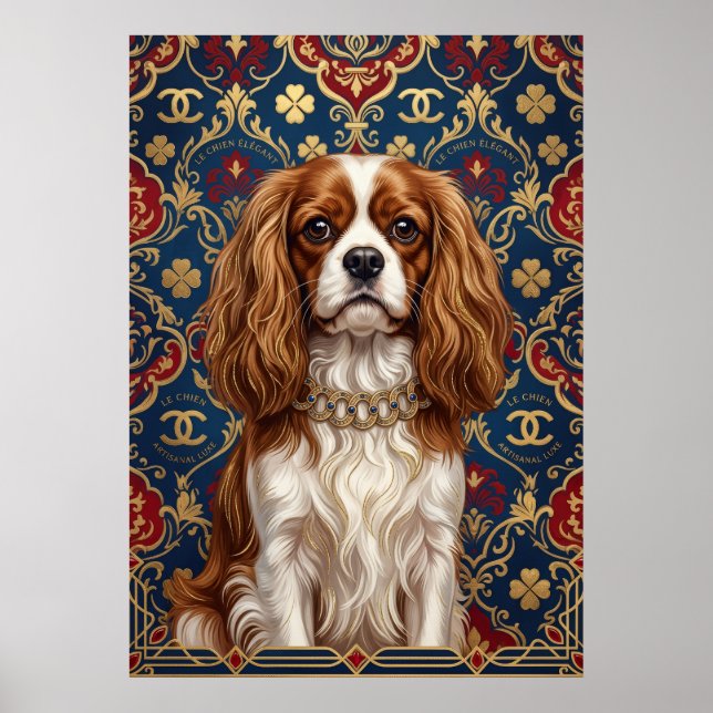 Blenheim Cavalier Spaniel Ornate Damask Portrait Poster (Front)