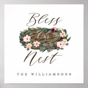 Bless Our Nest Watercolor Floral Nest Custom Name Poster