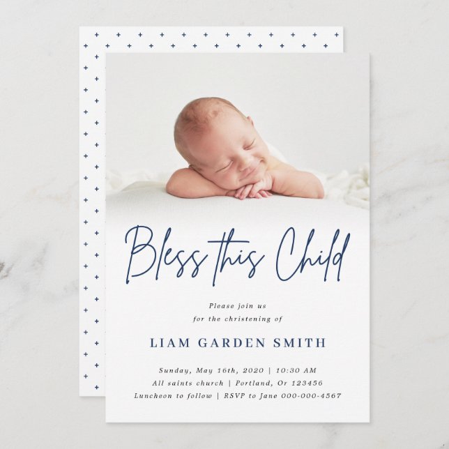 Bless This Child Handwritten Christening Photo Boy Invitation (Front/Back)